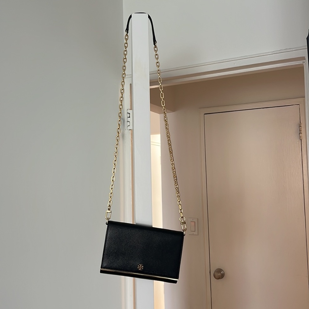 Tory Burch black wallet on a chain